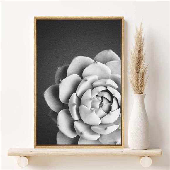 Framed Canvas Print Wall Art Botanical FlowerDark Black and White - 16"x24"